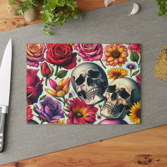 Glass Cutting Board –Floral Skull Gothic Boho Kitchen Decor & Gift