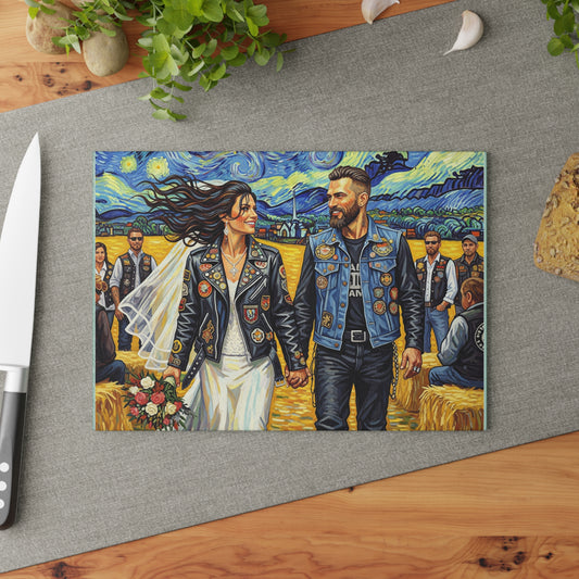 Rustic Wedding-Biker Wedding- Glass Cutting Board - Personalized Gift, Kitchen Decor, Bridal Shower, Anniversary, Home Cooking