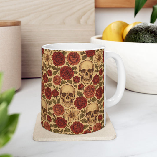 Bohemian Skull Floral Ceramic Mug - Perfect for Coffee, Tea Lovers, Gothic Vintage Vibe, Gift for Halloween, Birthdays, Home Decor