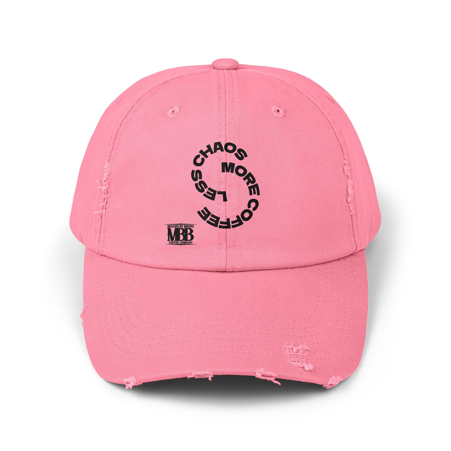 Distressed Unisex Cap with 'Less Chaos More Coffee' Design, Casual Headwear, Gift for Coffee Lovers, Trendy Hat, Relaxed Fit Cap