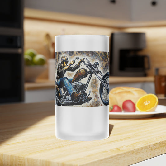 Frosted Glass Beer Mug | Vintage Motorcycle Design | Perfect Gift for Bikers