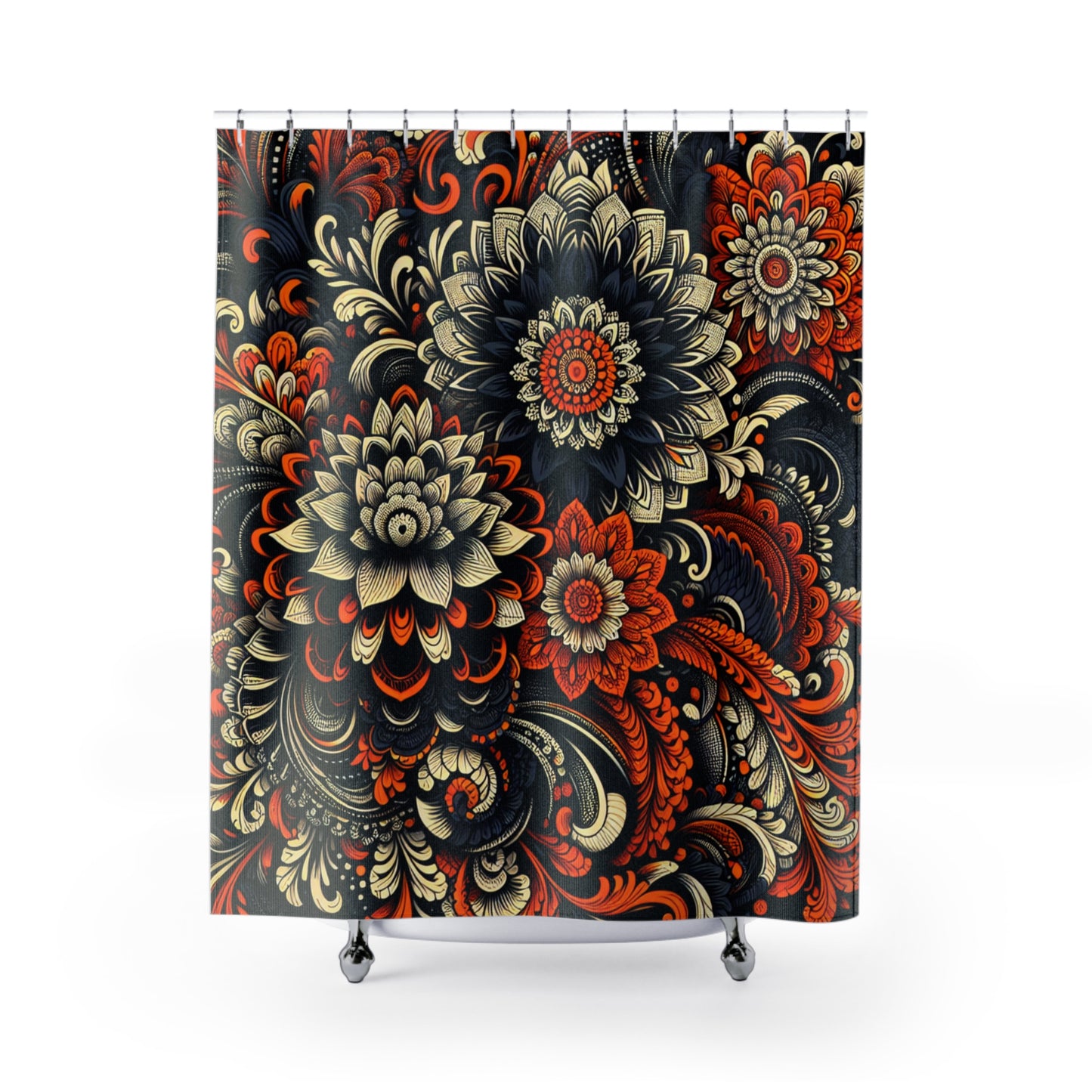 Shower Curtain - Black and Orange Tapestry-Large Flower Pattern-Floral Bathroom