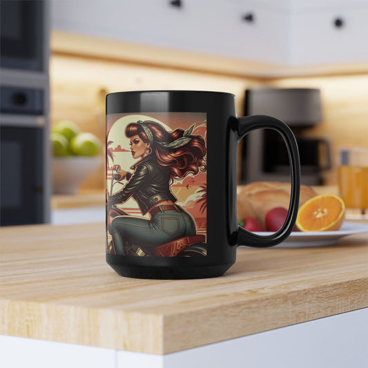 Mug-Sunset Beach Ride-Pin Up Girl Coffee Cup - Unique Gift for Bikers