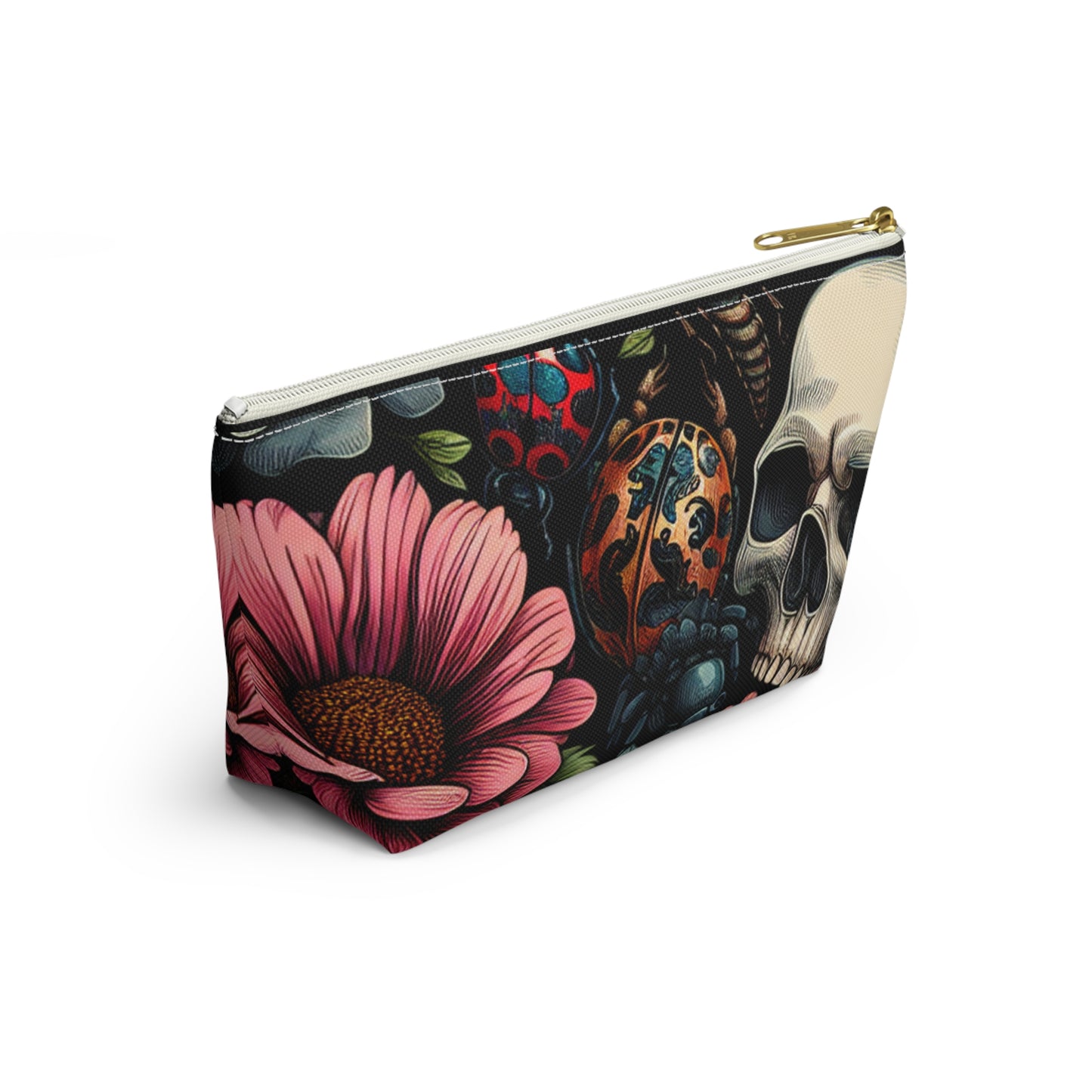 Gothic Floral Accessory Pouch, Makeup Bag, Travel Organizer, Gift for Her, Skull Design, Halloween Accessories, Motorcycle Bag