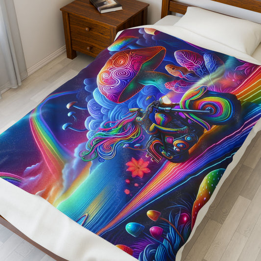 Psychedelic Velvet Blanket - Cozy Colorful Throw for Home Decor, Gift for Dreamers, Bohemian Style, Rainbow Mushroom Art, Biker Art