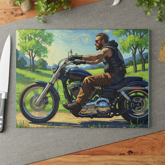 Motorcycle Enthusiast Glass Cutting Board | Perfect for Gifts, Home Decor, Kitchen Accessories, Biker Lifestyle, BBQ Parties