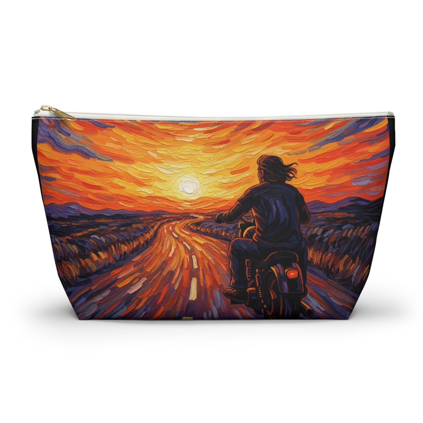 Motorcycle Sunset Accessory Pouch, Travel Makeup Bag, Gift for Bikers, Sunset Design Pouch, Motorcycle Lover Gift