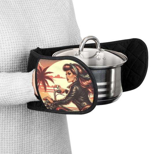 Oven Mitts - Girl Riding at the Beach Design-Biker Kitchen Flair