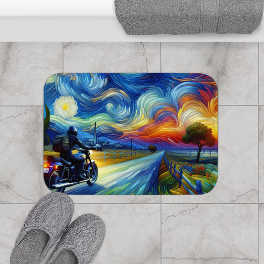 Bath Mat - Motorcycle Adventure-Cozy Bathroom Decor, Starry Night Vibe, Nature Lover Gift, Dreamy Home Accessory