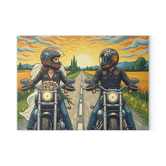 Biker Glass Cutting Board, Motorcycle Couple- Kitchen Decor, Wedding Gift, Unique Gift for Him or Her, Cooking Accessory