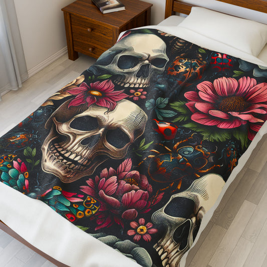 Gothic Floral Velveteen Plush Blanket, Cozy Skull Throw, Unique Home Decor, Halloween Blanket, Boho Chic Gift, Dark Aesthetic