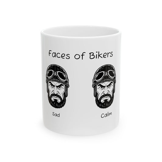 Biker Humor Ceramic Mug - Faces of Bikers, Gifts for Motorcycle Lovers, unique coffee cup, biker gifts, motorcycle mug, expressive drinkware