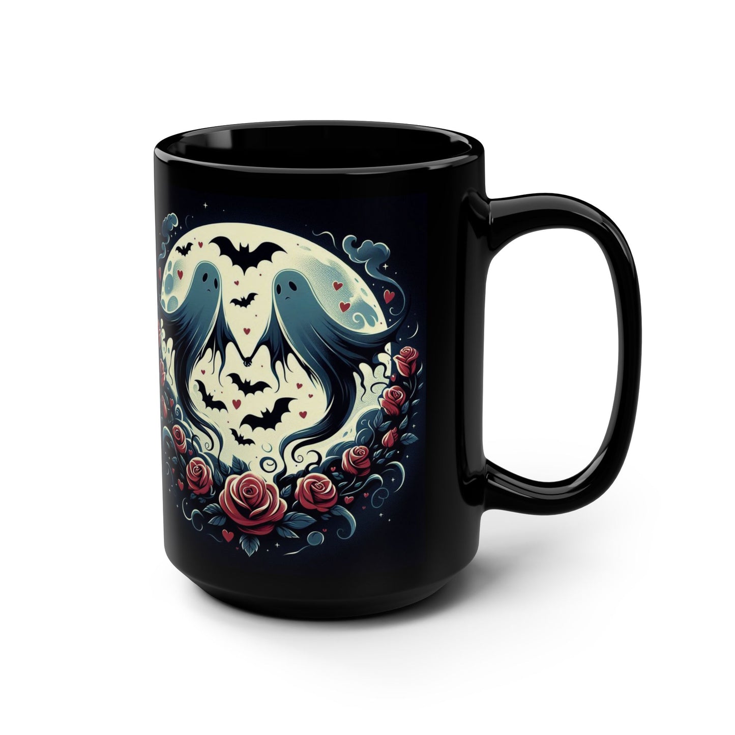 Mug - Halloween and Valentines Mix - Ghosts, Flowers, Bats, Hearts - 15oz