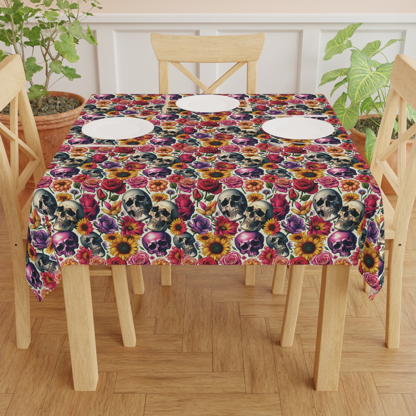 Tablecloth, Skulls and Roses, Halloween Party Decor, Floral Design Kitchen Accessory