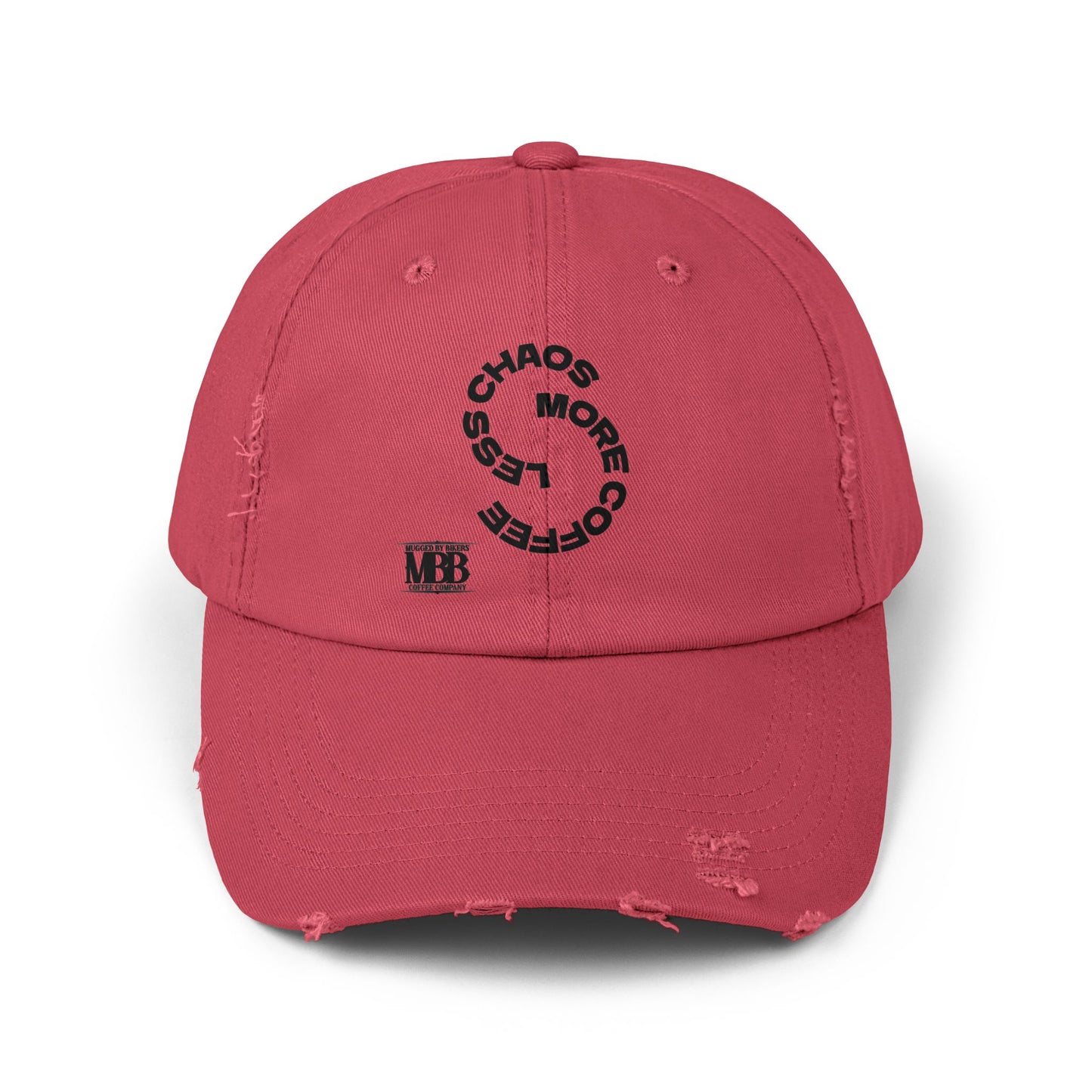 Distressed Unisex Cap with 'Less Chaos More Coffee' Design, Casual Headwear, Gift for Coffee Lovers, Trendy Hat, Relaxed Fit Cap