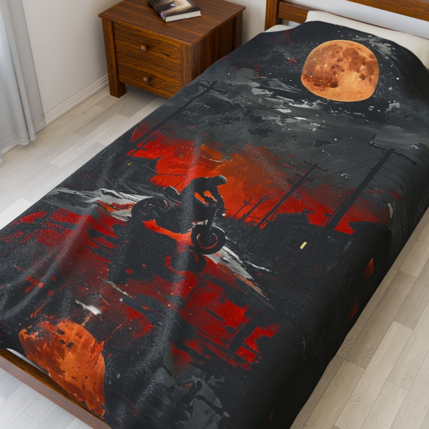 Urban Night Rider Velveteen Plush Blanket | Cozy Home Decor, Motorcycle Lover Gift, Halloween, Fall Decor, Soft Blanket