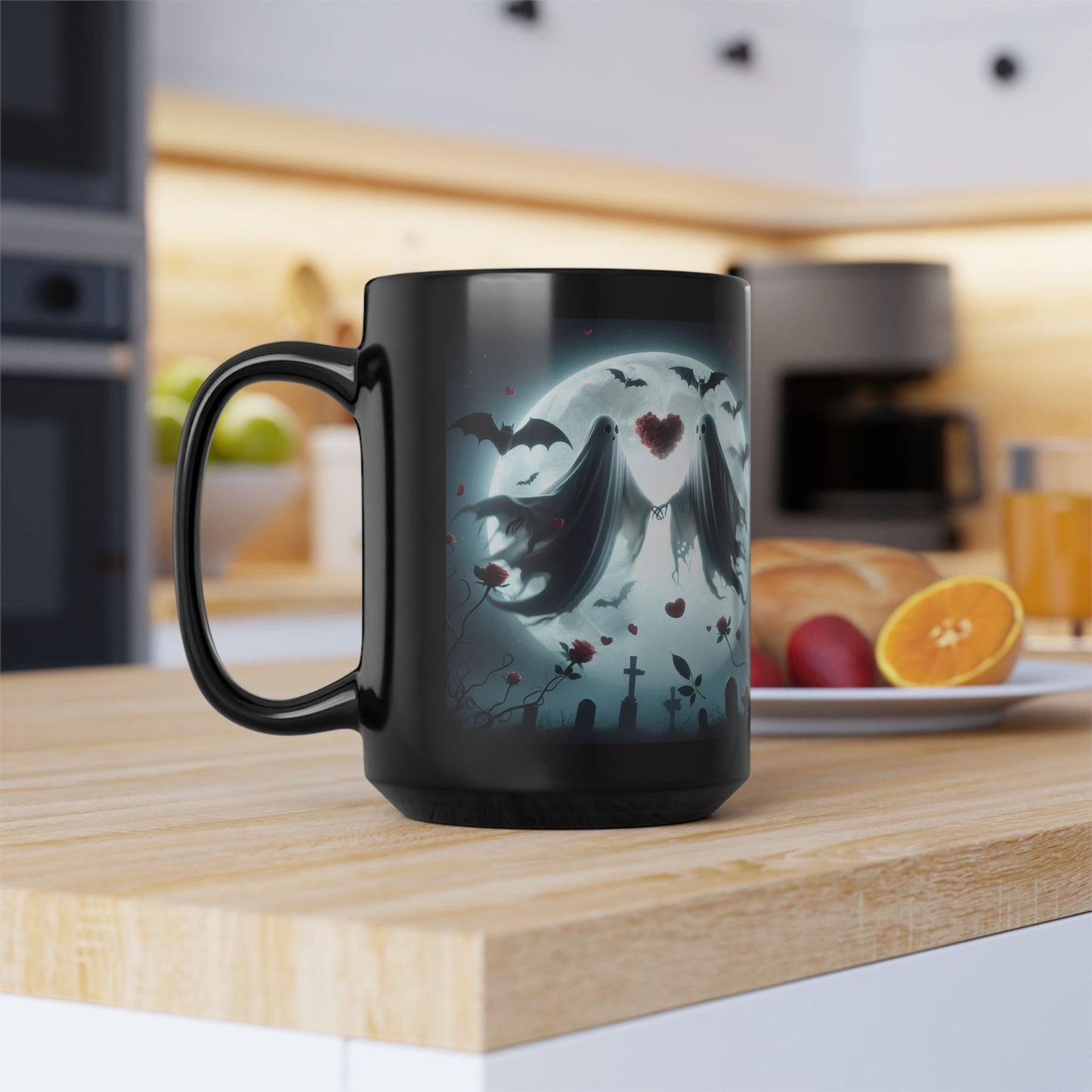Mug - Halloween and Valentines Mix - Ghost Bride & Groom, Flowers, Bats, Hearts - 15oz