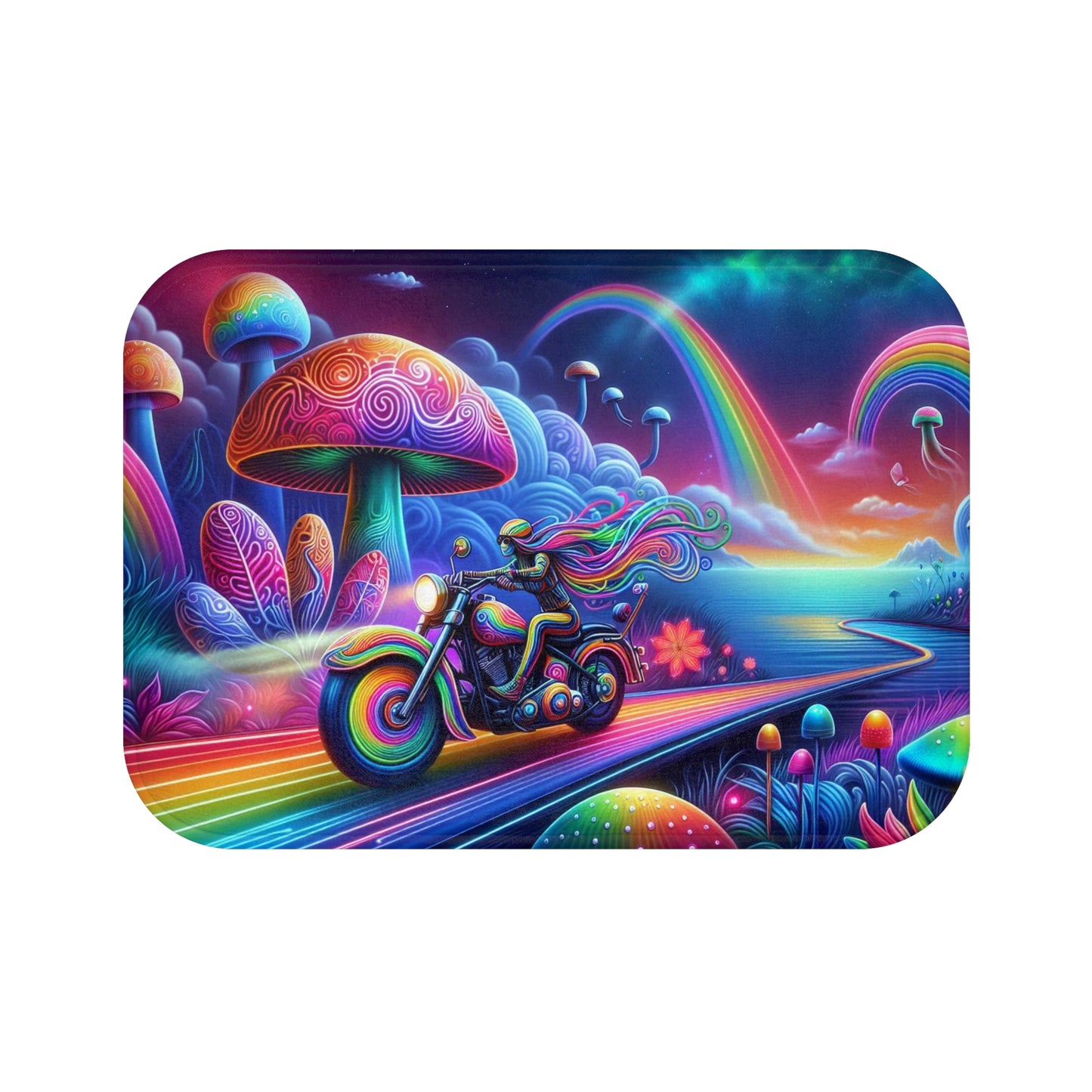 Bath Mat-Psychedelic Motorcycle Trip-Vibrant Rug for Bathroom Decor, Gift for Bikers, Rainbow Home Accessory, Fun Summer Vibe