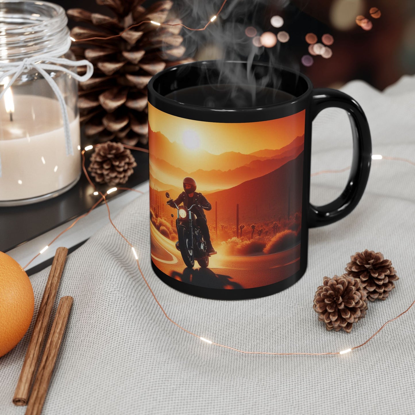 Mug: Motorcycle Ride at Sunrise- Black Coffee Cup