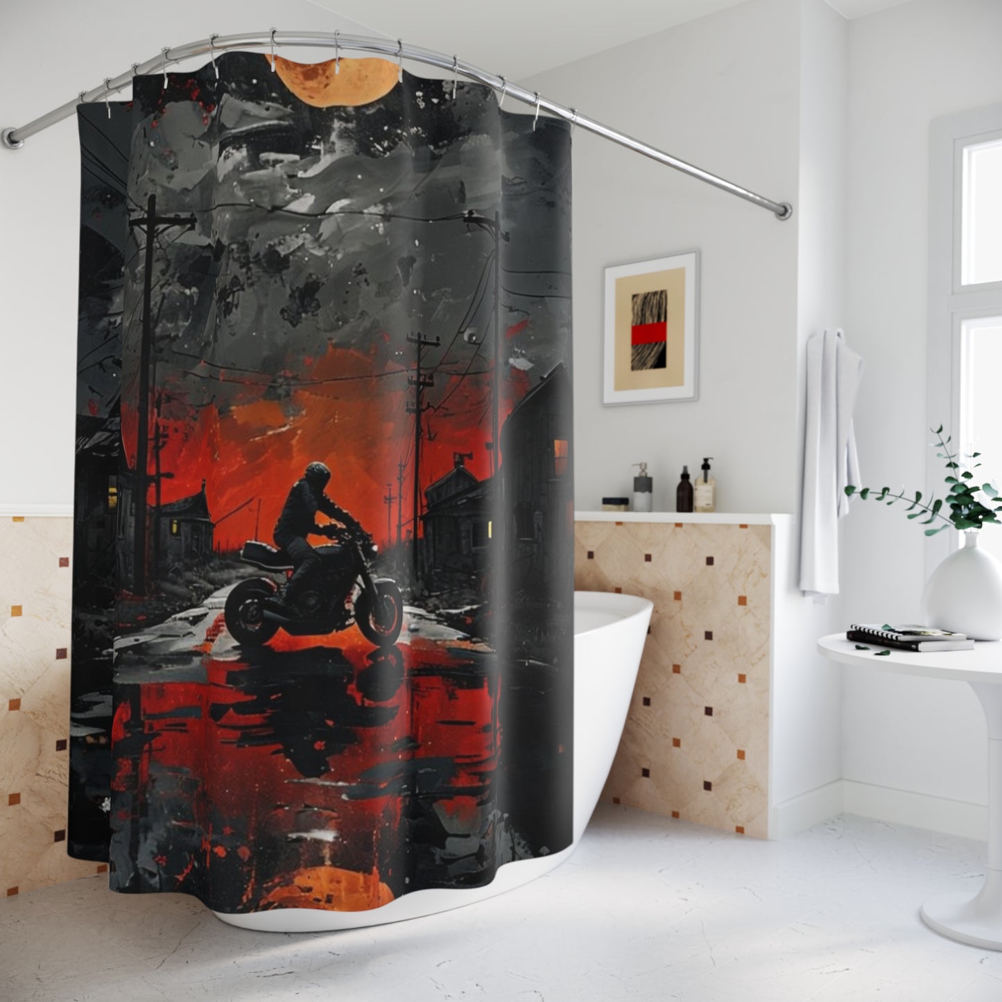 Shower Curtain-Mysterious Night Motorcycle Trip | Home Decor | Unique Bathroom Accent | Gift for Bike Lovers | Gothic Style | Halloween Decor