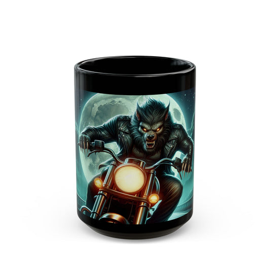 Werewolf Motorcycle Mug | Black Coffee Cup | Unique Gift for Bikers | Halloween Decor | Funny Wolf Mug 15oz