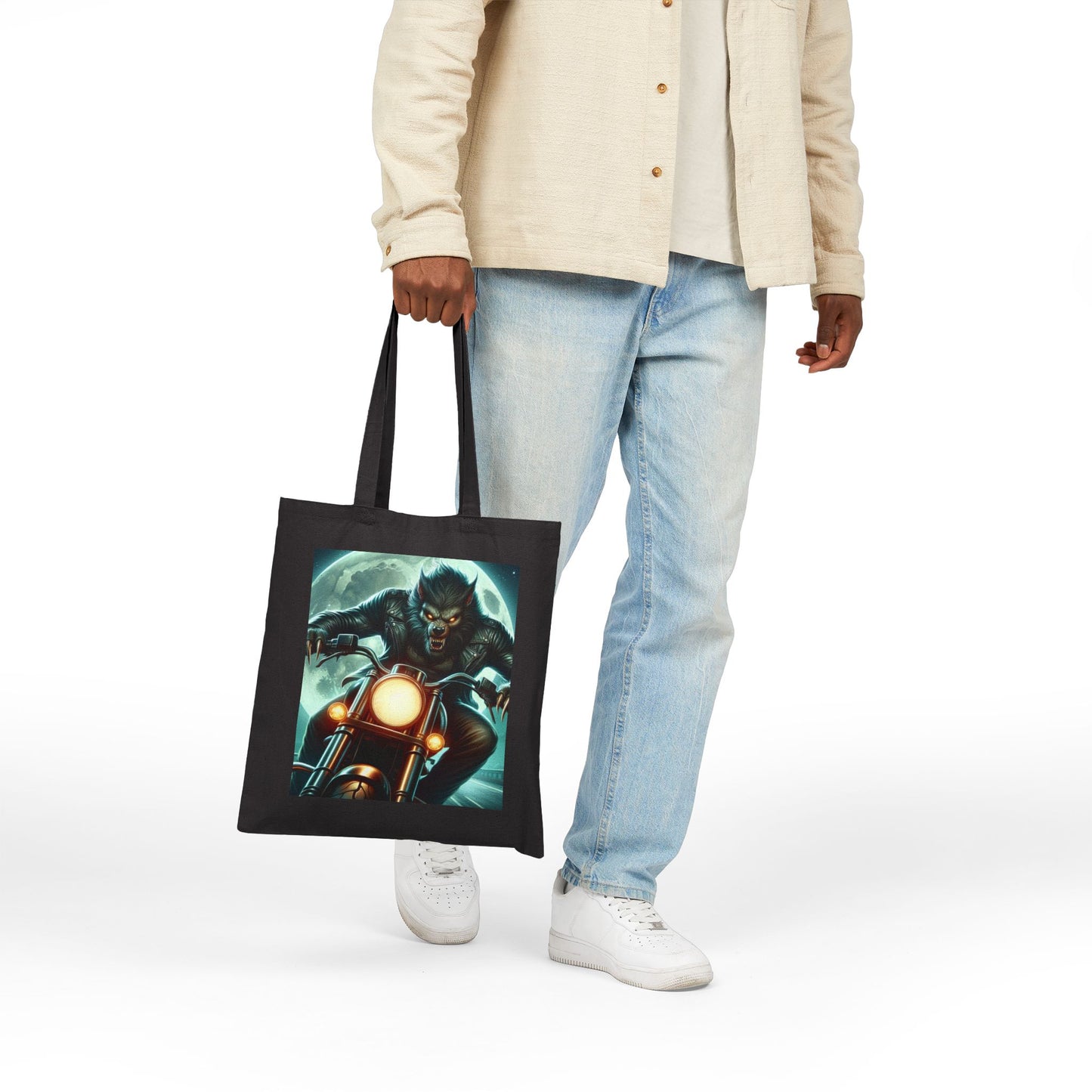 Werewolf Biker Graphic Tote Bag, Cool Canvas Shopping Bag, Unique Gift for Motorcyclists, Travel Tote, Stylish Everyday Bag