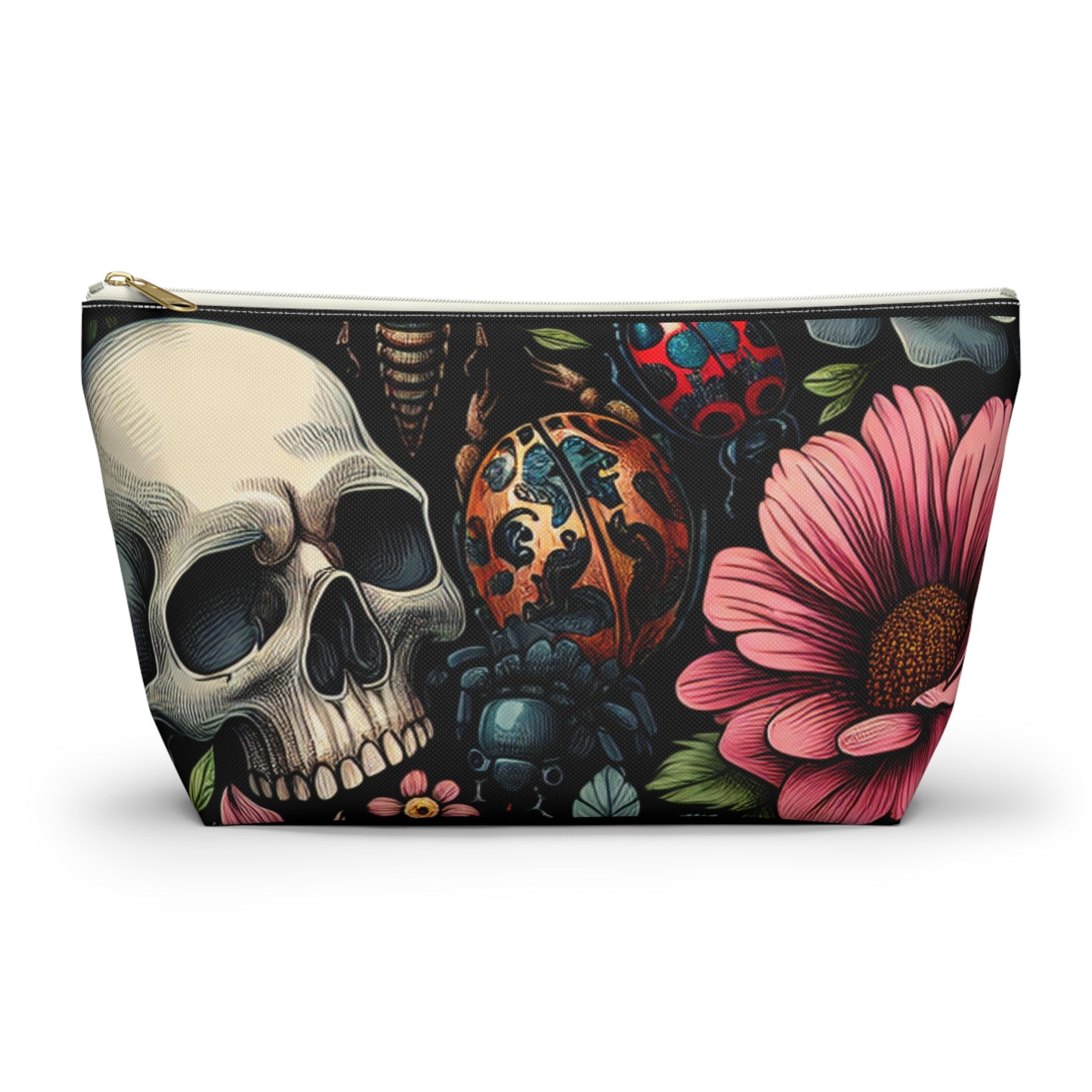 Gothic Floral Accessory Pouch, Makeup Bag, Travel Organizer, Gift for Her, Skull Design, Halloween Accessories, Motorcycle Bag