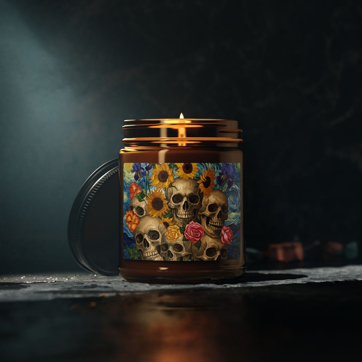 Skull & Sunflower Scented Soy Candle, Boho Home Décor, Perfect for Relaxation, Gifts, Halloween, and Celebrations