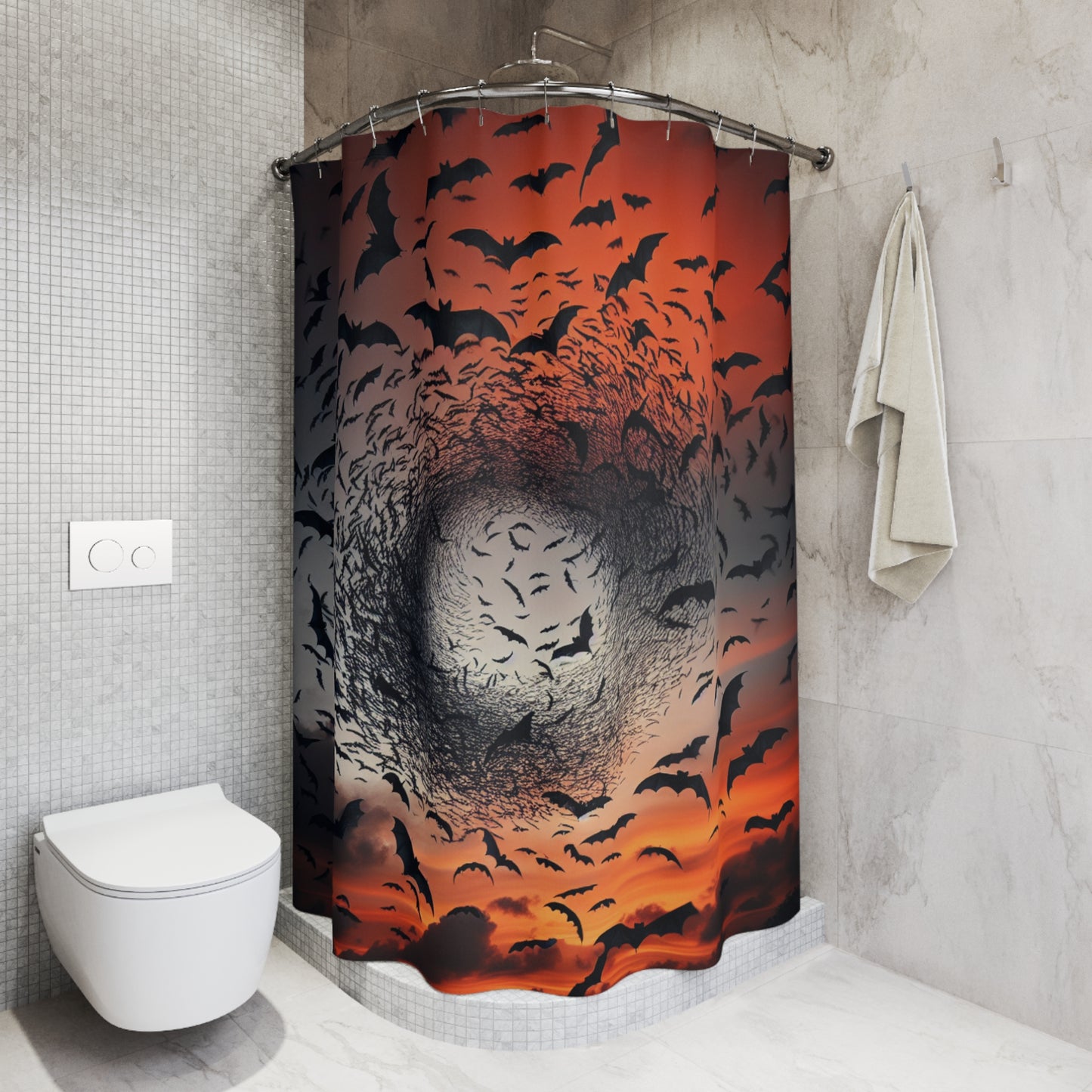 Shower Curtain-Swirling Bats at Sunset-Black and Orange Bath