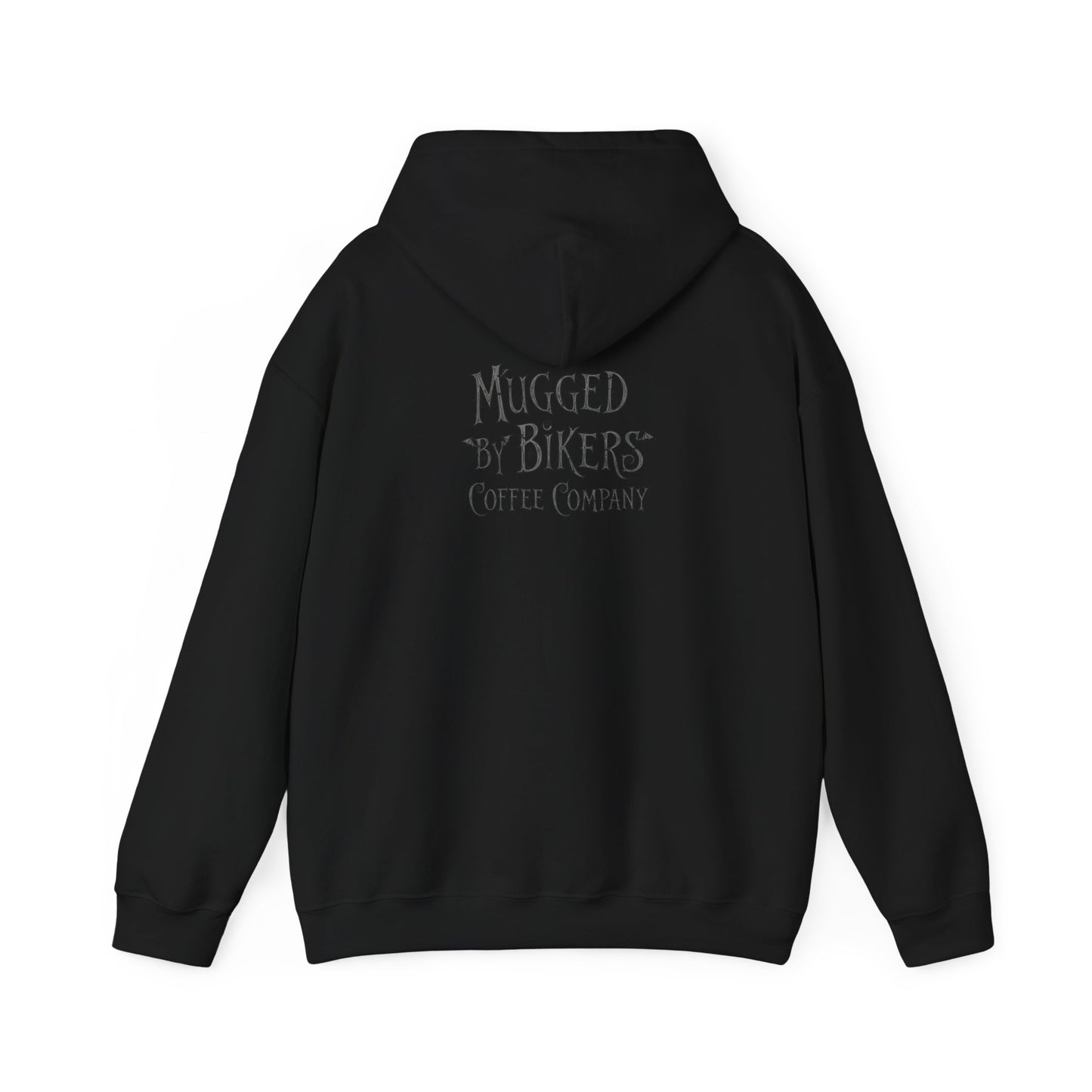 Mugged by Bikers Hooded Sweatshirt | Cozy Unisex Hoodie for Bikers, Halloween, Casual Wear, Gift for Riders, Coffee Lovers