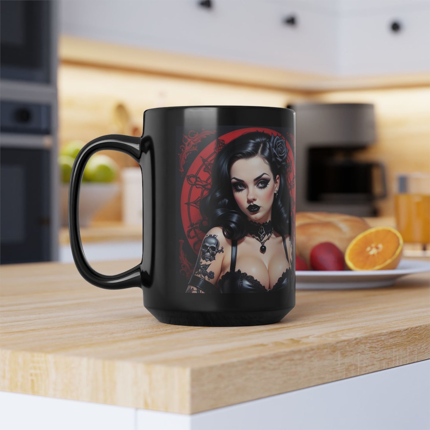 Mug - Gothic Pinup Girl Design-Edgy Unique Cup 15oz Black Drink Mug