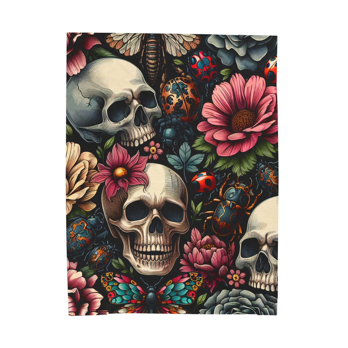Gothic Floral Velveteen Plush Blanket, Cozy Skull Throw, Unique Home Decor, Halloween Blanket, Boho Chic Gift, Dark Aesthetic