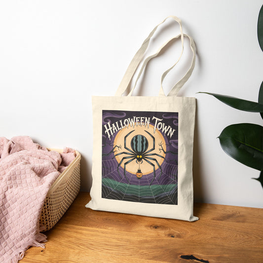 Halloween-Themed Cotton Canvas Tote Bag, Trick or Treat Bag, Spider Design Market Tote, Ghoul's Day Gift, Eco-Friendly Halloween Tote