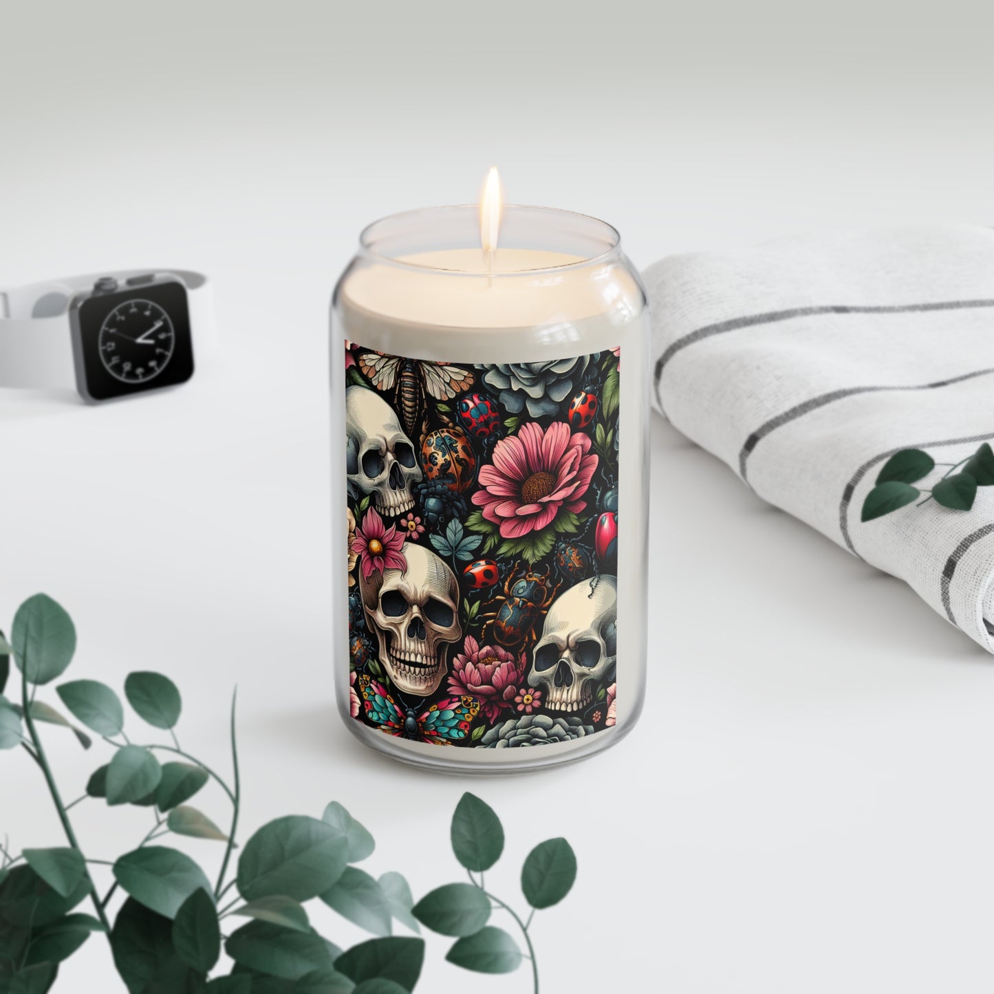 Skull & Floral Scented Candle - 13.75oz, Gothic Decor, Gift for Halloween, Home Fragrance, Boho Home