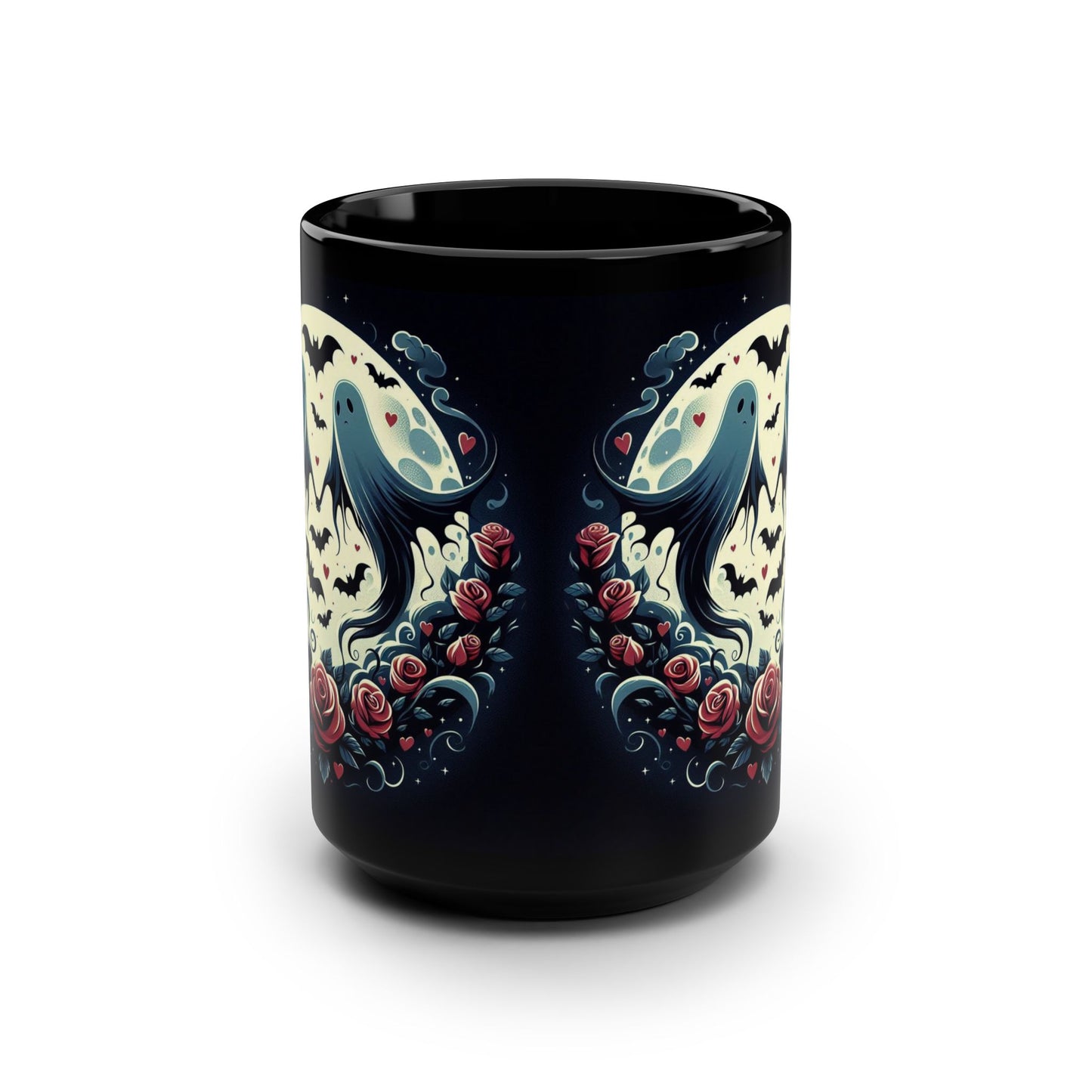 Mug - Halloween and Valentines Mix - Ghosts, Flowers, Bats, Hearts - 15oz