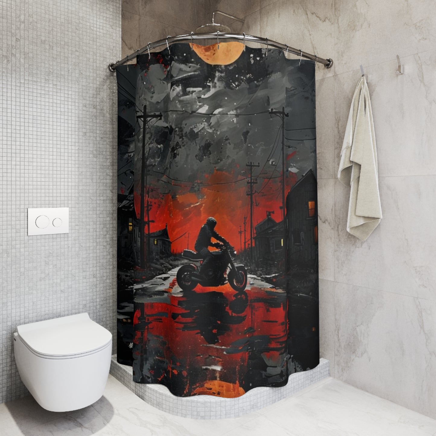 Shower Curtain-Mysterious Night Motorcycle Trip | Home Decor | Unique Bathroom Accent | Gift for Bike Lovers | Gothic Style | Halloween Decor