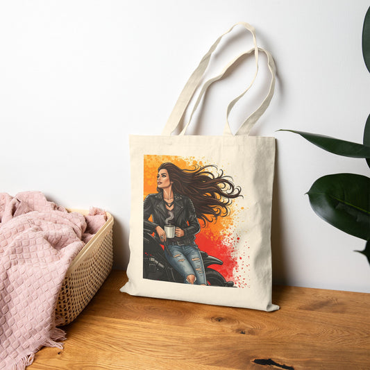 Edgy Biker Tote Bag, Stylish Canvas Bag, Coffee Lovers Tote, Gift for Bikers, Chic Reusable Shopping Bag