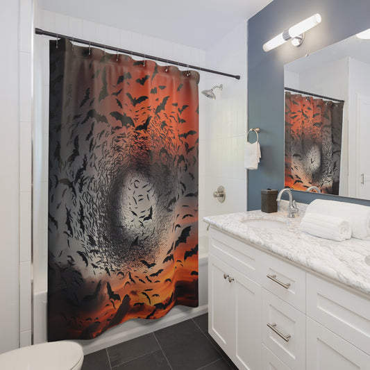 Shower Curtain-Swirling Bats at Sunset-Black and Orange Bath