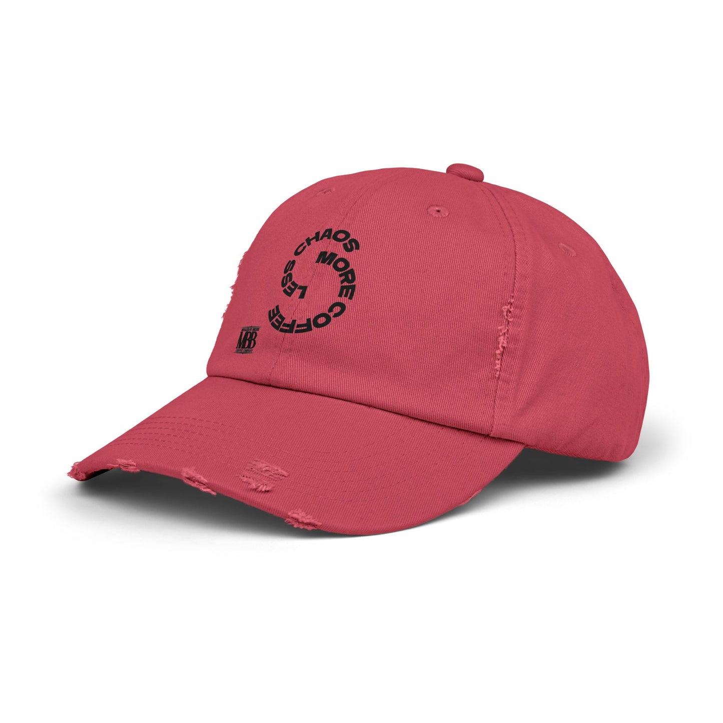 Distressed Unisex Cap with 'Less Chaos More Coffee' Design, Casual Headwear, Gift for Coffee Lovers, Trendy Hat, Relaxed Fit Cap