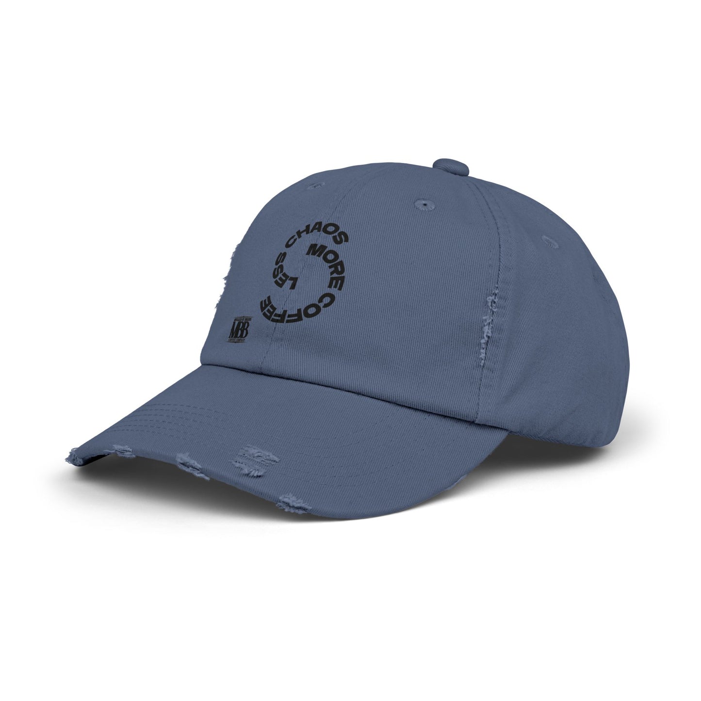 Distressed Unisex Cap with 'Less Chaos More Coffee' Design, Casual Headwear, Gift for Coffee Lovers, Trendy Hat, Relaxed Fit Cap