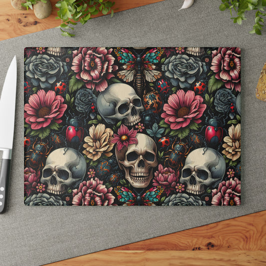 Gothic Floral Glass Cutting Board, Unique Kitchen Decor, Ideal for Gifts, Home Cooking, Halloween, Party Supplies, Skull Design