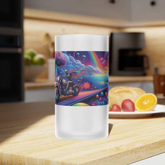 Frosted Glass Beer Mug - Freedom Rider Design for Bikers and Beer Lovers