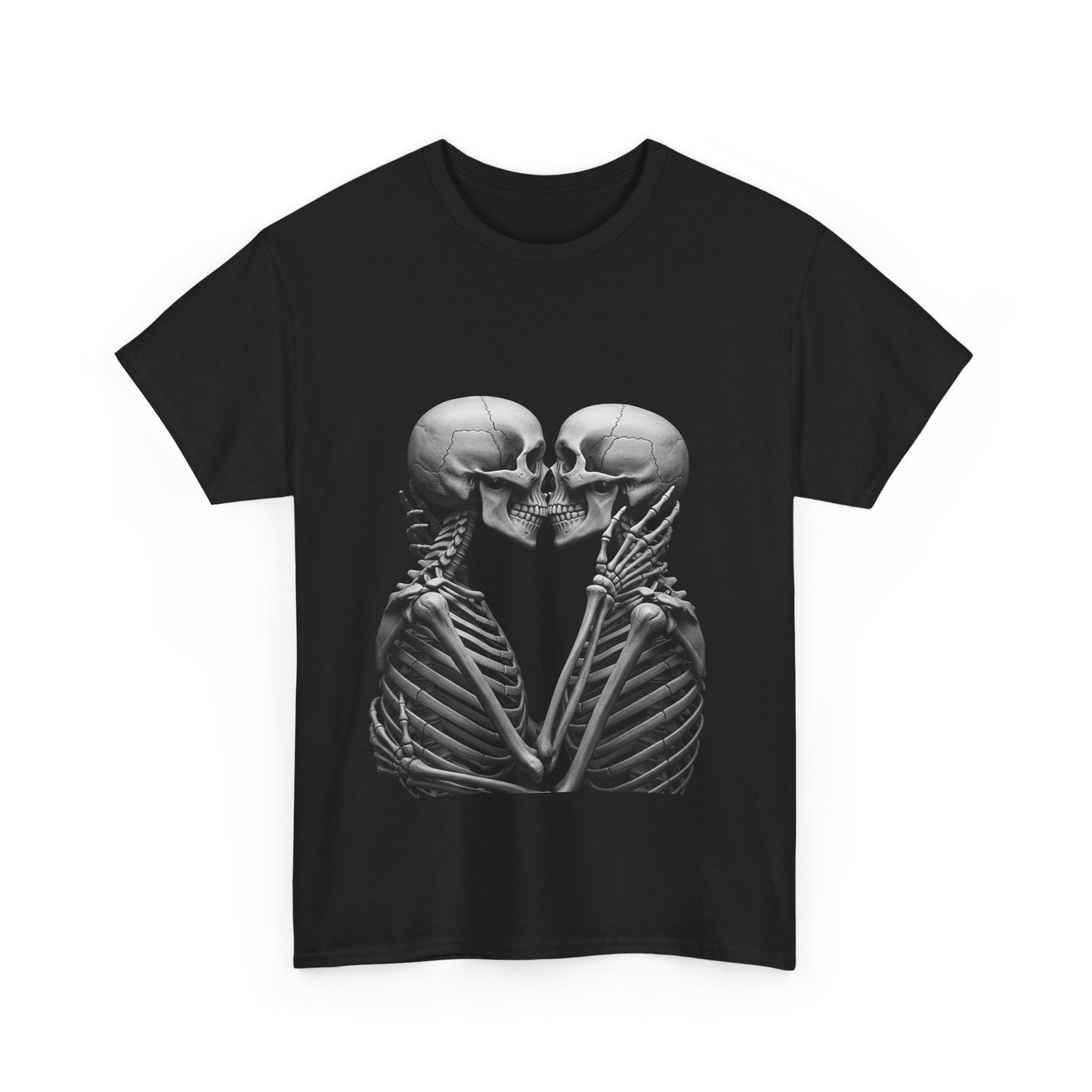 Romantic Skeleton Kiss Tee, Unisex Graphic T-Shirt, Funny Halloween Shirt, Spooky Couple Gift, Skeleton Lovers Apparel