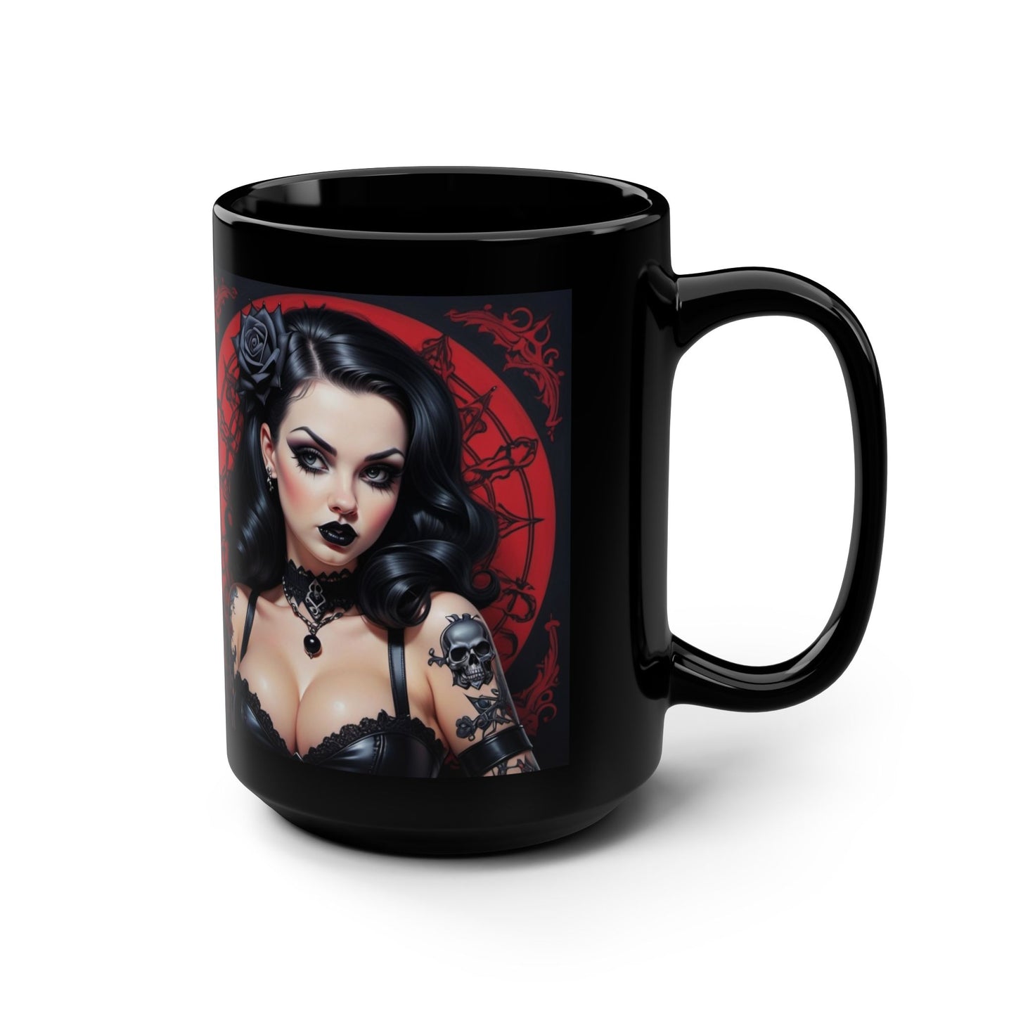 Mug - Gothic Pinup Girl Design-Edgy Unique Cup 15oz Black Drink Mug