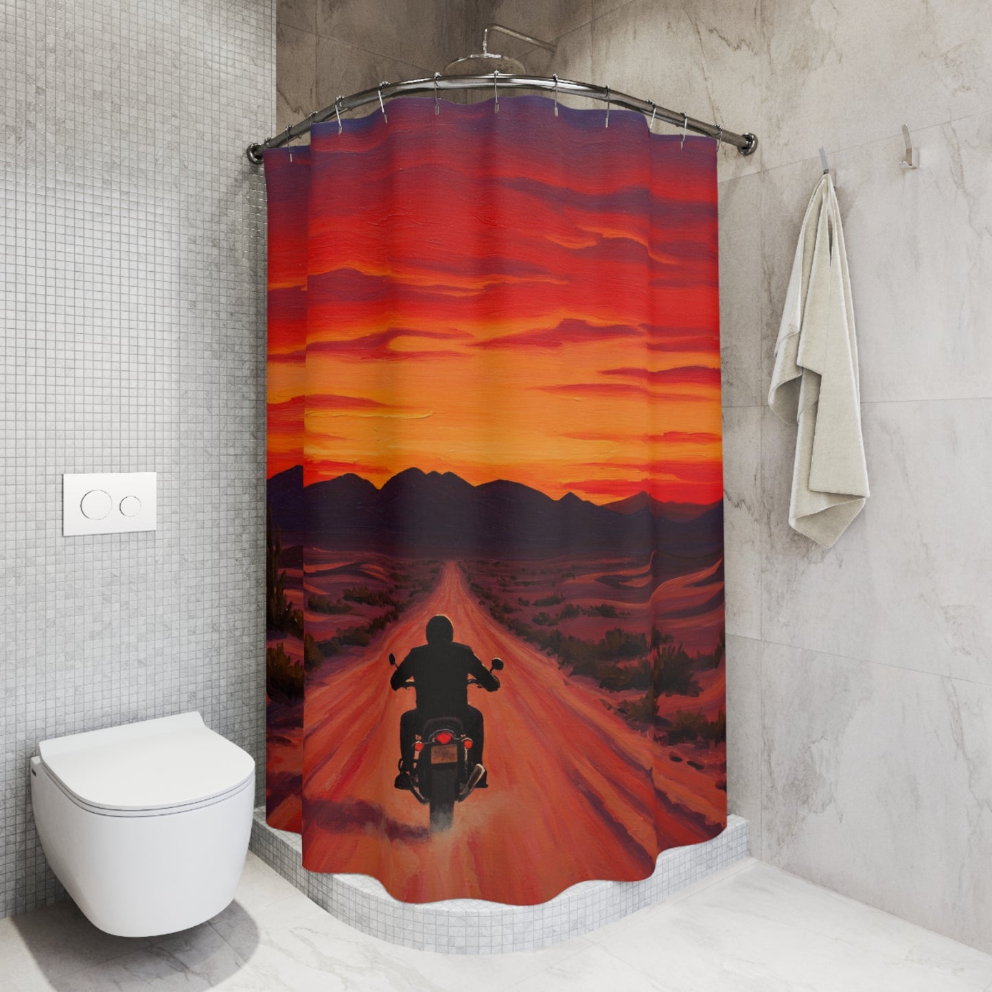 Shower Curtain-Biker Decor-Motorcycle Ride at Sunrise-Biker bathroom