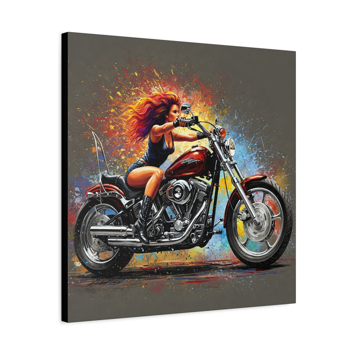 Motorcycle Art Canvas - Vibrant Stretched Matte Print of Biker Girl