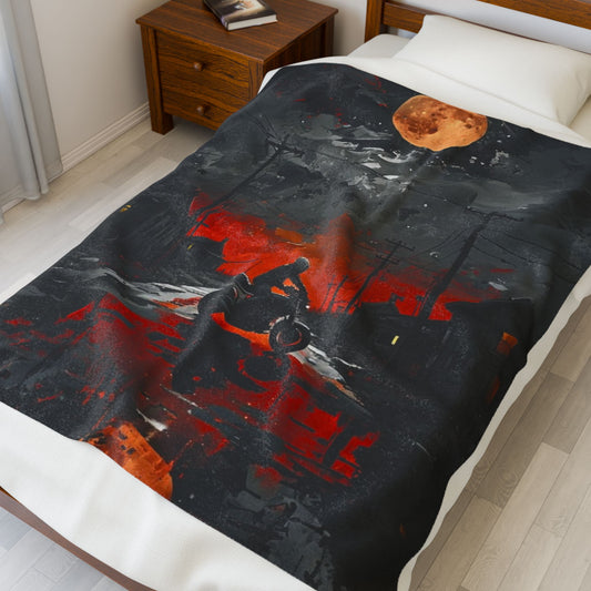 Urban Night Rider Velveteen Plush Blanket | Cozy Home Decor, Motorcycle Lover Gift, Halloween, Fall Decor, Soft Blanket