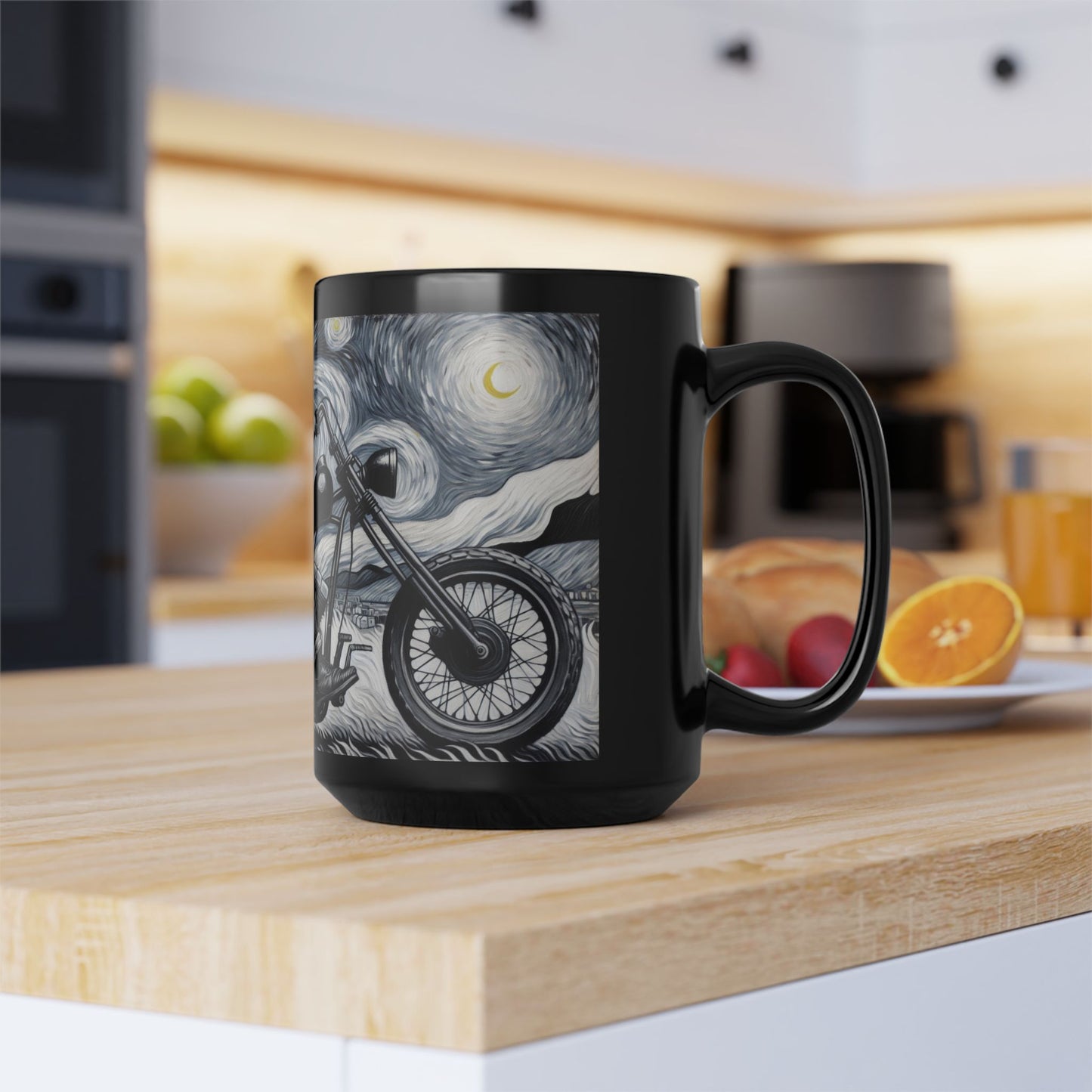 Starry Night Motorcycle Black Mug - 15oz Ceramic Coffee Cup for Bikers & Art Lovers