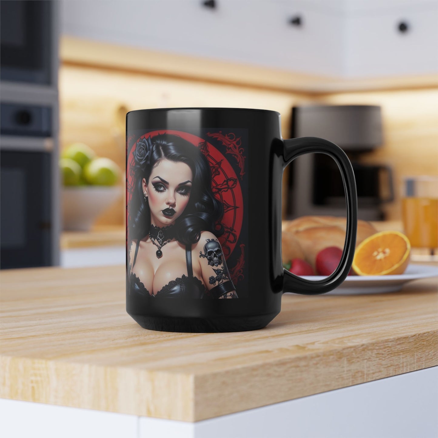 Mug - Gothic Pinup Girl Design-Edgy Unique Cup 15oz Black Drink Mug