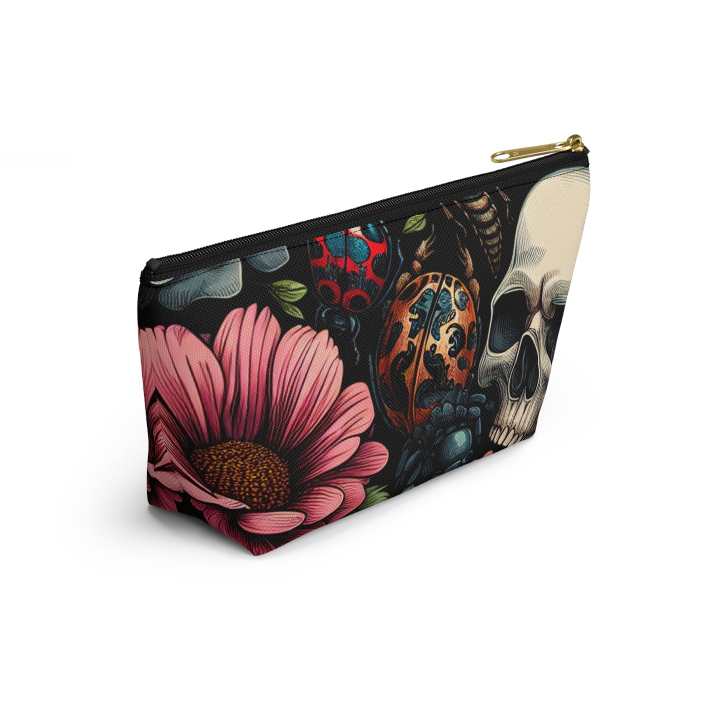 Gothic Floral Accessory Pouch, Makeup Bag, Travel Organizer, Gift for Her, Skull Design, Halloween Accessories, Motorcycle Bag
